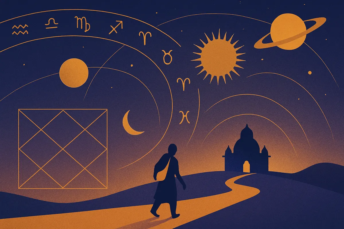 A pilgrim walking toward a distant temple silhouette at dawn