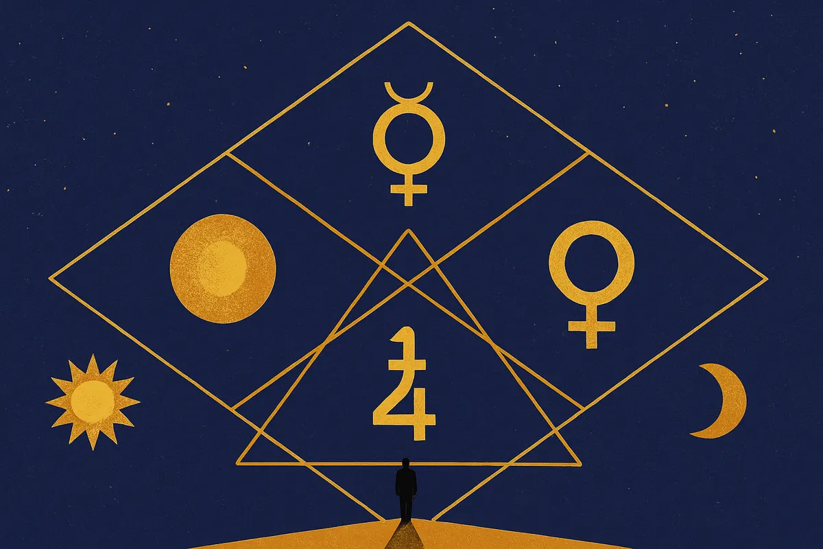A birth chart diagram highlighting Mercury, Jupiter and Venus placed in the angular and trinal houses that form Saraswati Yoga