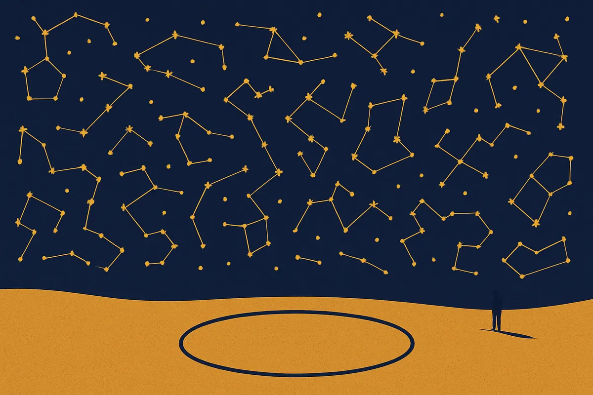 A single empty circle drawn in sand under a night sky full of stars, evoking Varuna's hidden order