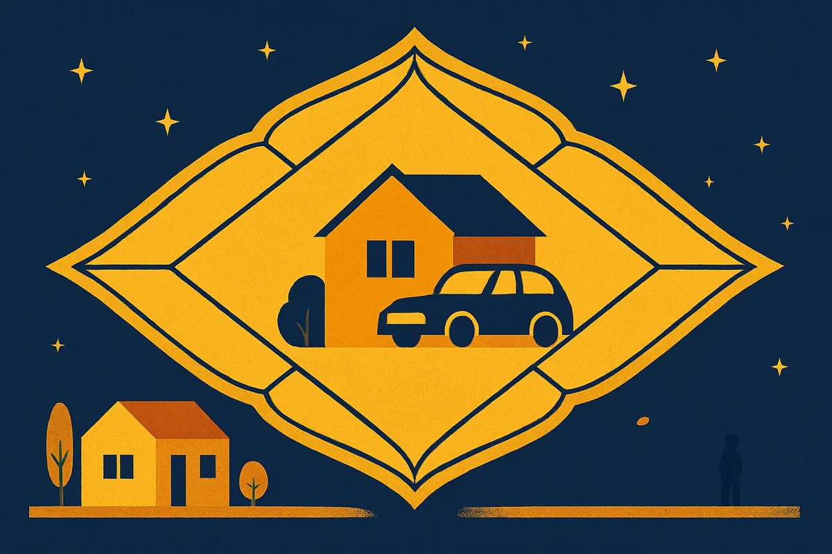 A home and a vehicle inside a chart wheel, representing the D16 chart's reading of material comfort