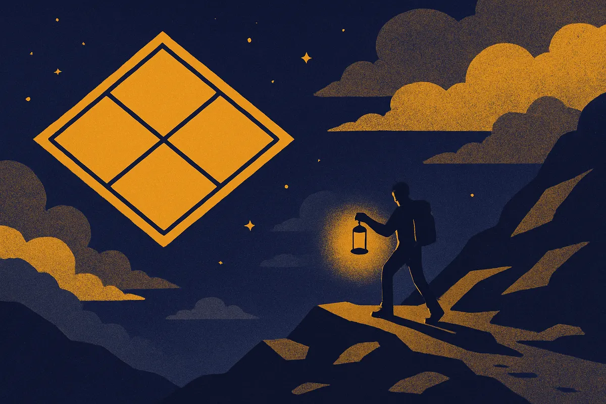 A lone traveller holding a lantern on a rocky mountain path beneath a cloudy, starry sky