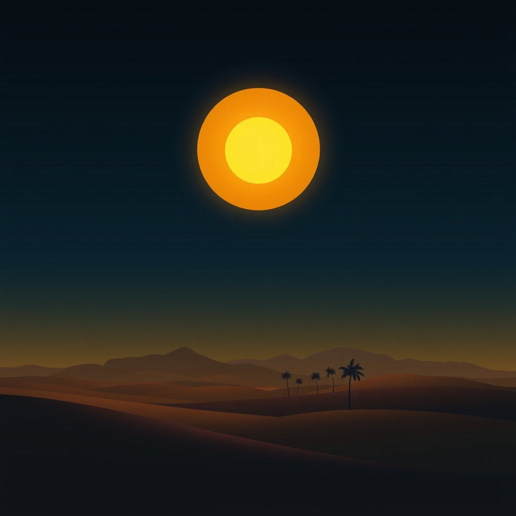 A rising sun over a still horizon, the image of Surya standing on the ascendant