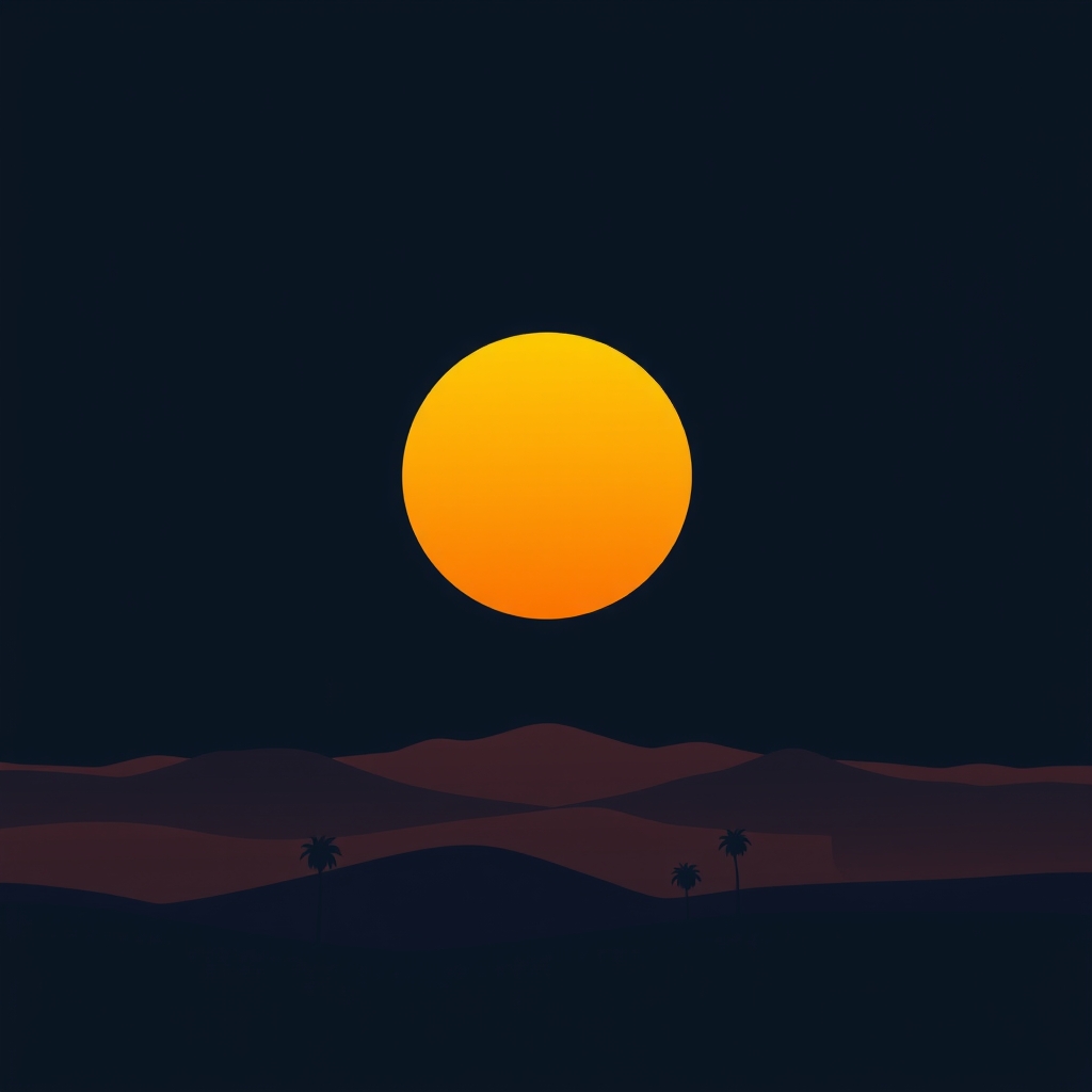 A quiet courtyard house at dusk with one window lit against a low orange sun